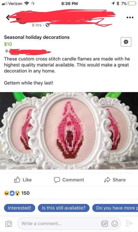 cringe vagina cross stitch - . Verizon 1 7%D 8 hrs. Seasonal holiday decorations $10 These custom cross stitch candle flames are made with he highest quality material available. This would make a great decoration in any home. Gettem while they last! Comme
