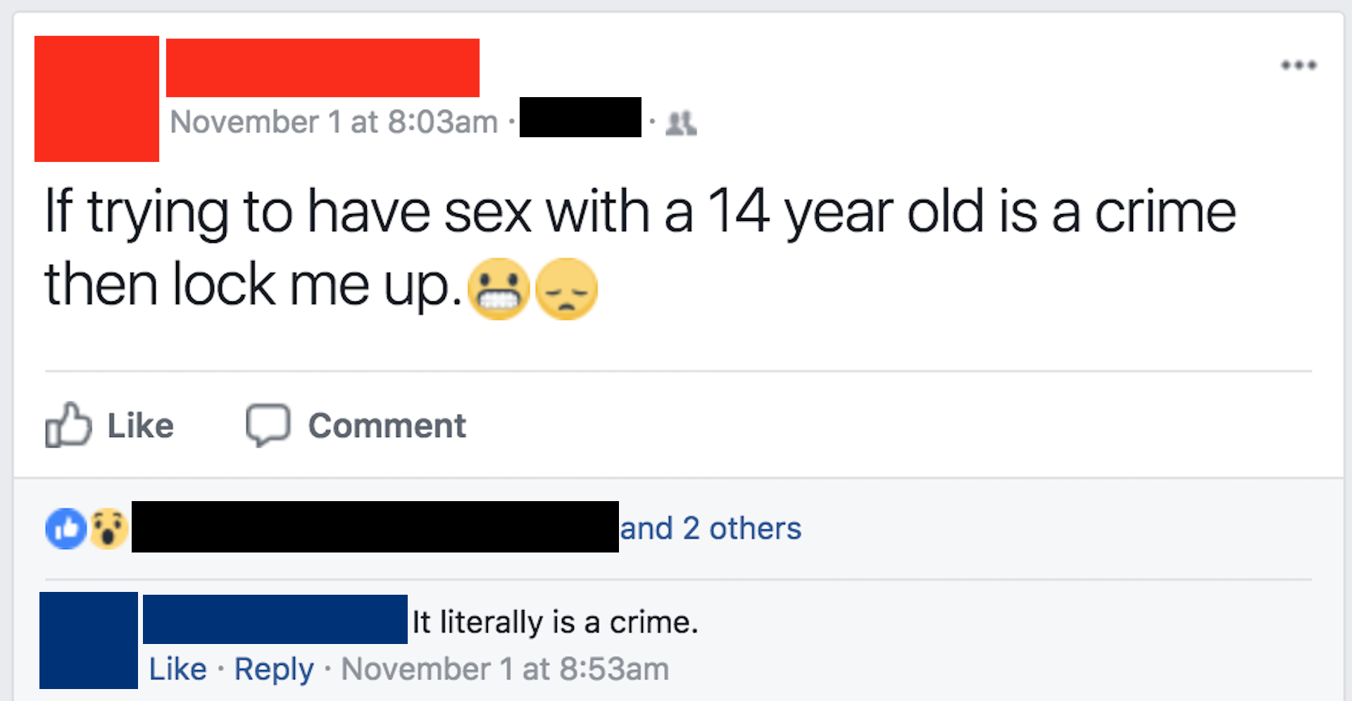 cringe web page - November 1 at am If trying to have sex with a 14 year old is a crime then lock me up. Comment and 2 others It literally is a crime. November 1 at am
