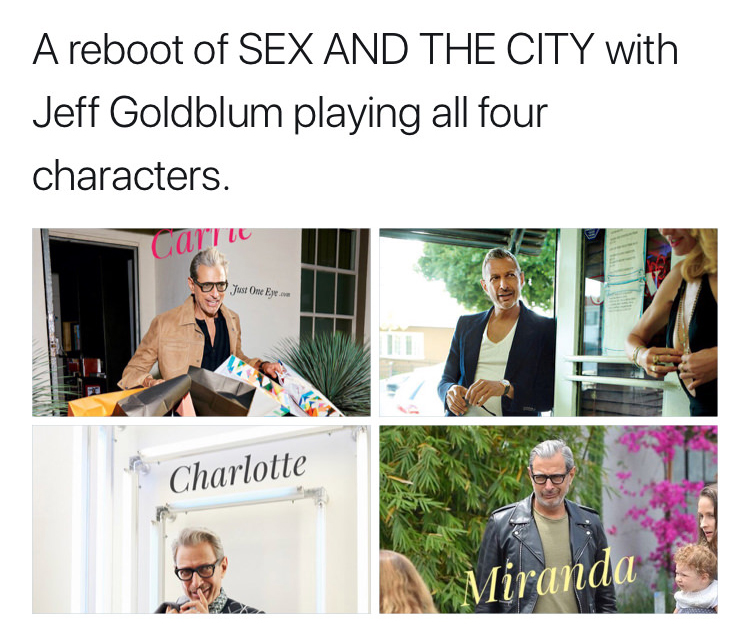 jeff goldblum national treasure - A reboot of Sex And The City with Jeff Goldblum playing all four characters. Carti J yust One Eye.com m Charlotte Tiranda