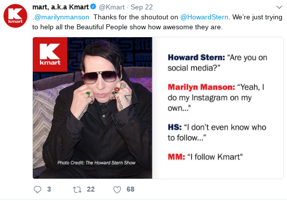 marilyn manson meme - mart, a.k.a Kmart Sep 22 . Thanks for the shoutout on Stern. We're just trying to help all the Beautiful People show how awesome they are. kmart kmart Howard Stern "Are you on social media?" Marilyn Manson "Yeah, do my Instagram on m