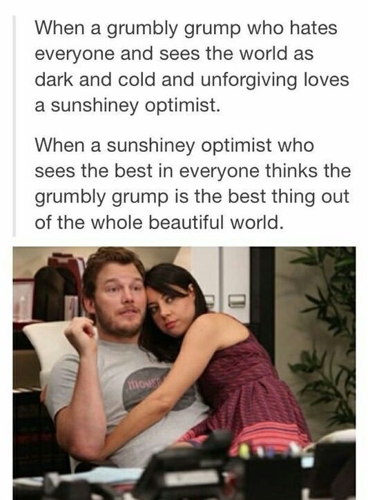 chris pratt in parks and rec - When a grumbly grump who hates everyone and sees the world as dark and cold and unforgiving loves a sunshiney optimist. When a sunshiney optimist who sees the best in everyone thinks the grumbly grump is the best thing out o