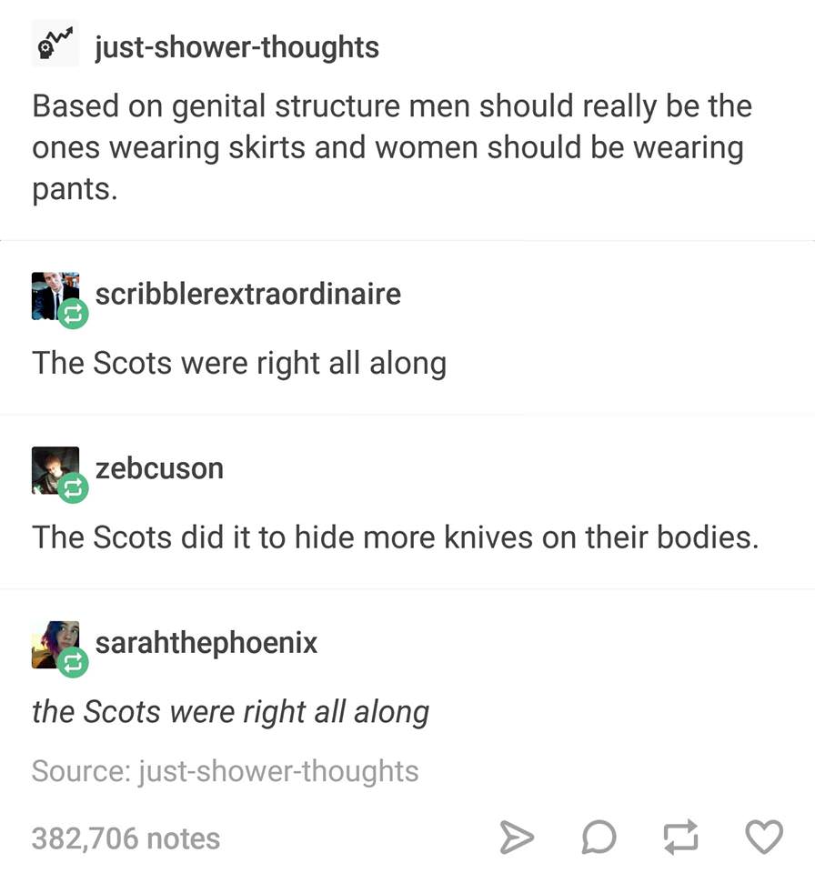 just shower thoughts meme - on justshowerthoughts Based on genital structure men should really be the ones wearing skirts and women should be wearing pants. scribblerextraordinaire The Scots were right all along zebcuson The Scots did it to hide more kniv