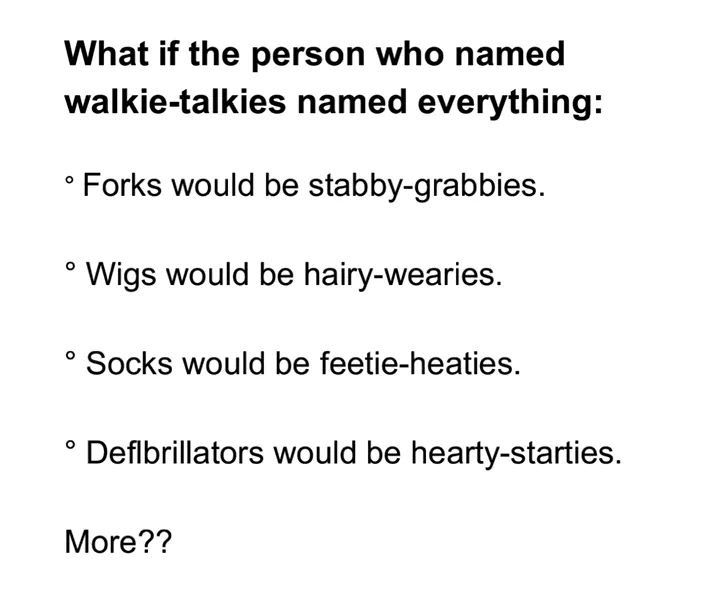 if the person who named walkie talkies - What if the person who named walkietalkies named everything Forks would be stabbygrabbies. Wigs would be hairywearies. Socks would be feetieheaties. Deflbrillators would be heartystarties. More??