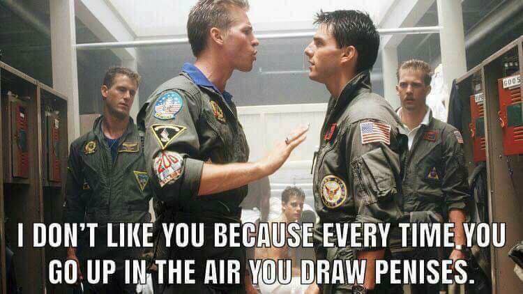 Top Gun meme about drawing penises in the sky with airplane
