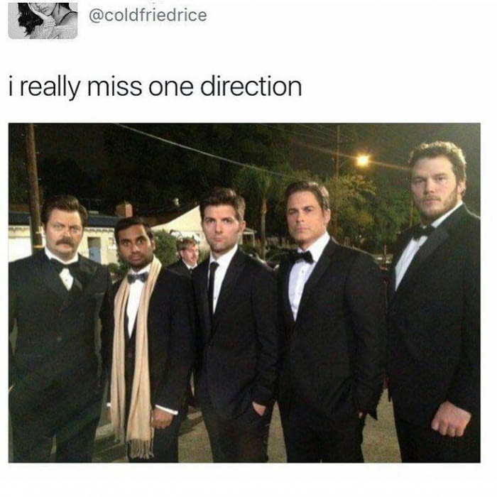 Tweet meme joking about missing one direction with picture of several prominent male actors.