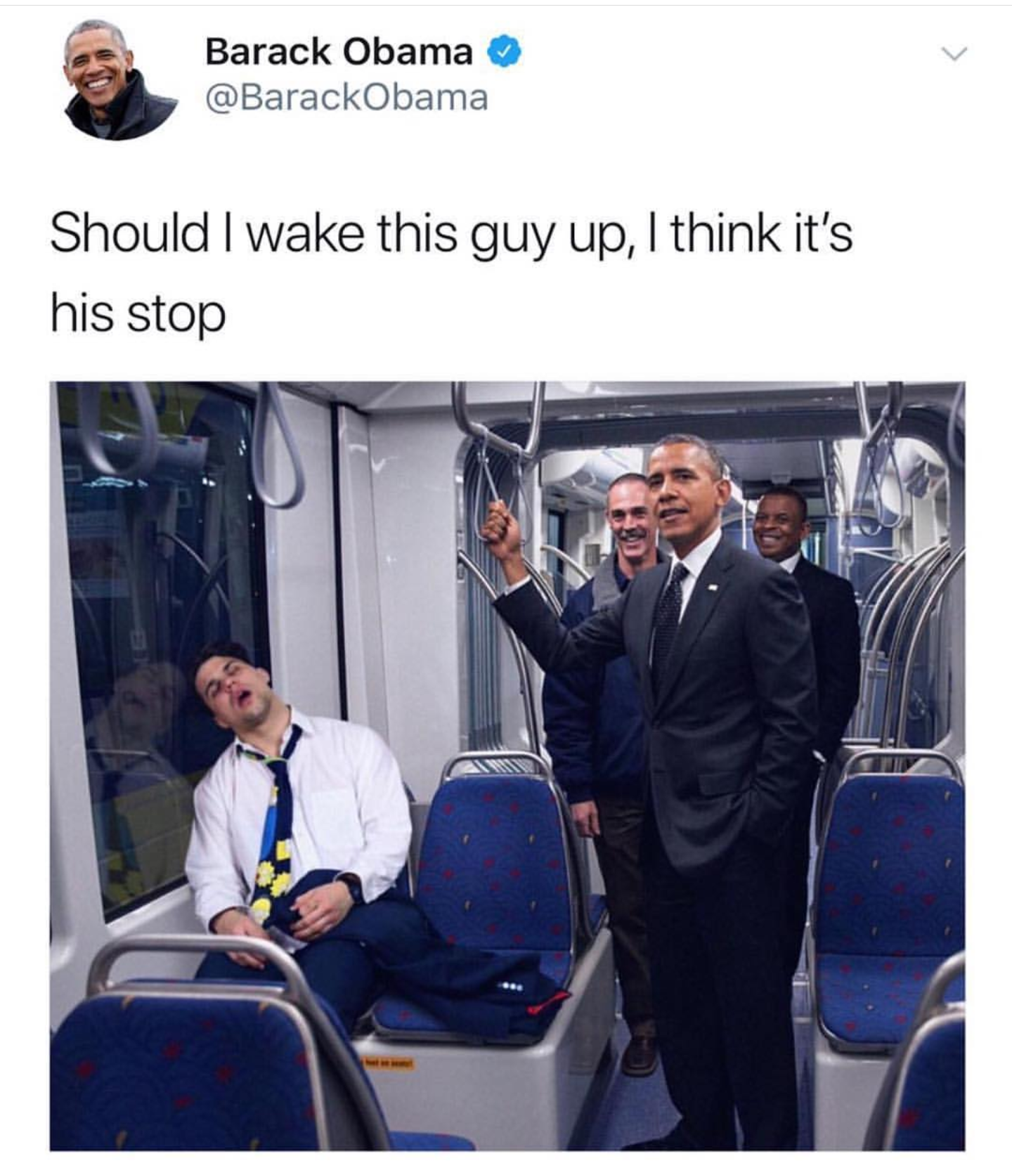 Tweet of Obama on the subway next to a sleeping passenger with joke about how he should wake him up