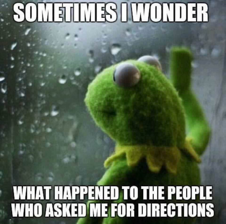 Kermit the Frog meme about wondering what happened to those nice people that asked for directions
