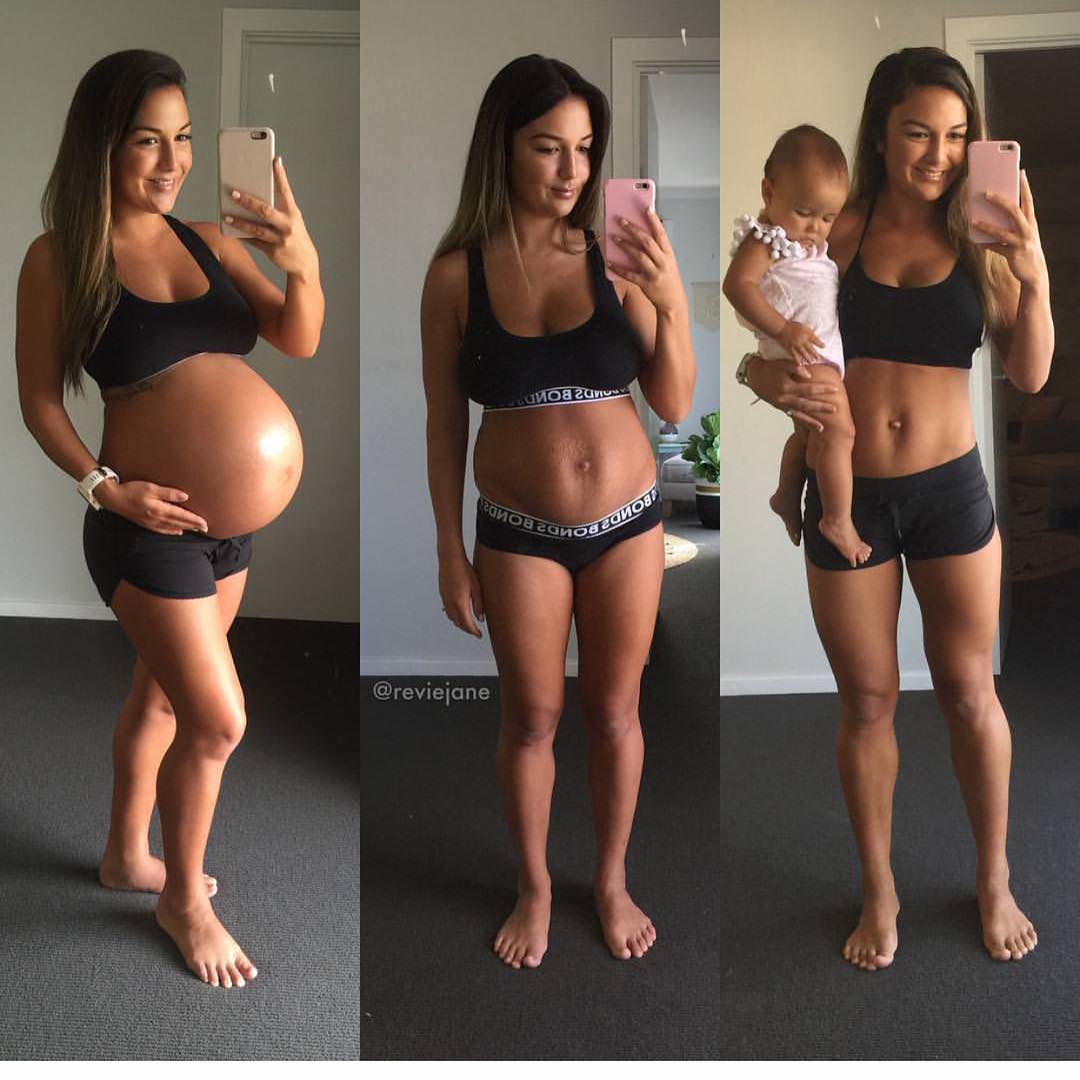 Triple photo montage of woman pregnant, loose belly after birth, and tight belly with 1 year old to highlight the transition back to regular woman's body