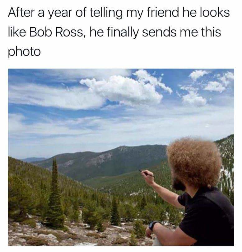 bob ross memes - After a year of telling my friend he looks Bob Ross, he finally sends me this photo