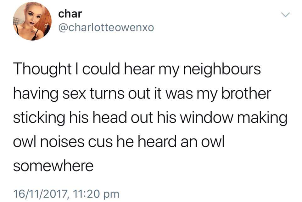 #metoo tweets - char Thought I could hear my neighbours having sex turns out it was my brother sticking his head out his window making owl noises cus he heard an owl somewhere 16112017,