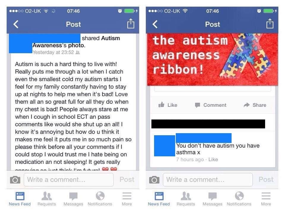 cringe autism asthma - ...00 O2Uk ...00 O2Uk a Post Post d Autism Awareness's photo. Yesterday at 2 the autism awareness ribbon ! Comment Autism is such a hard thing to live with! Really puts me through a lot when I catch even the smallest cold my autism 