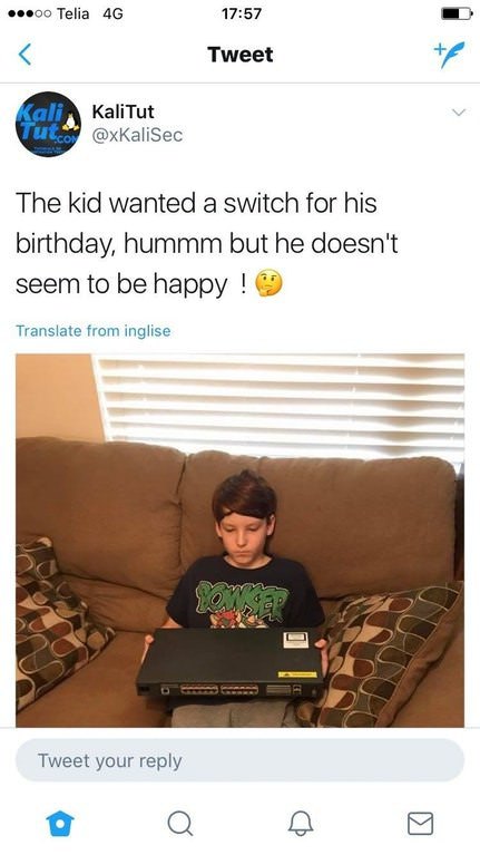 my son wanted a switch for his birthday - ".00 Telia 4G Tweet Kali Kalitut Tut The kid wanted a switch for his birthday, hummm but he doesn't seem to be happy ! Translate from inglise Tweet your