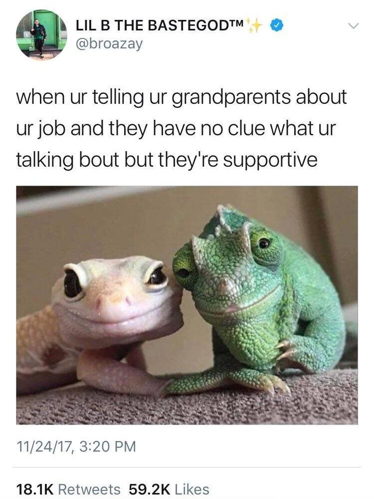 memes for grandparents - Lil B The Bastegodt when ur telling ur grandparents about ur job and they have no clue what ur talking bout but they're supportive 112417,