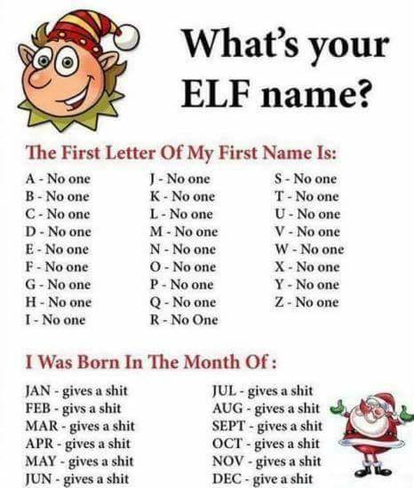 funny elf names - What's your Elf name? The First Letter Of My First Name Is A No one J No one S No one B No one KNo one T No one C No one L No one U No one D No one M No one V No one ENo one N No one W No one F No one 0 No one XNo one G No one P No one Y