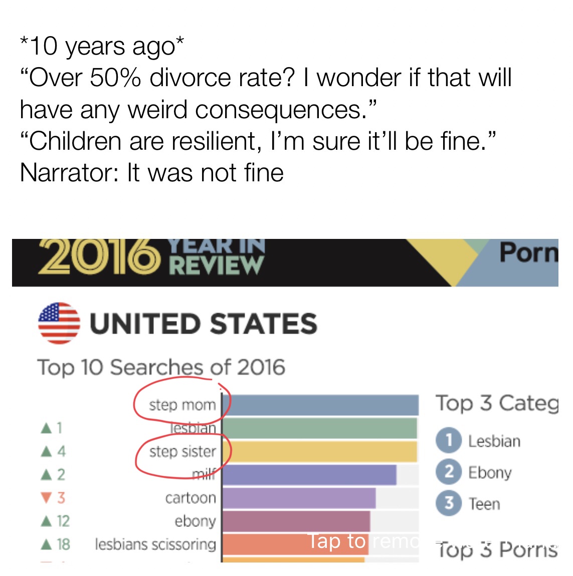 lesbian divorce rate - 10 years ago "Over 50% divorce rate? I wonder if that will have any weird consequences. Children are resilient, I'm sure it'll be fine." Narrator It was not fine Year In Review Porn 2016 Review United States Top 10 Searches of 2016 