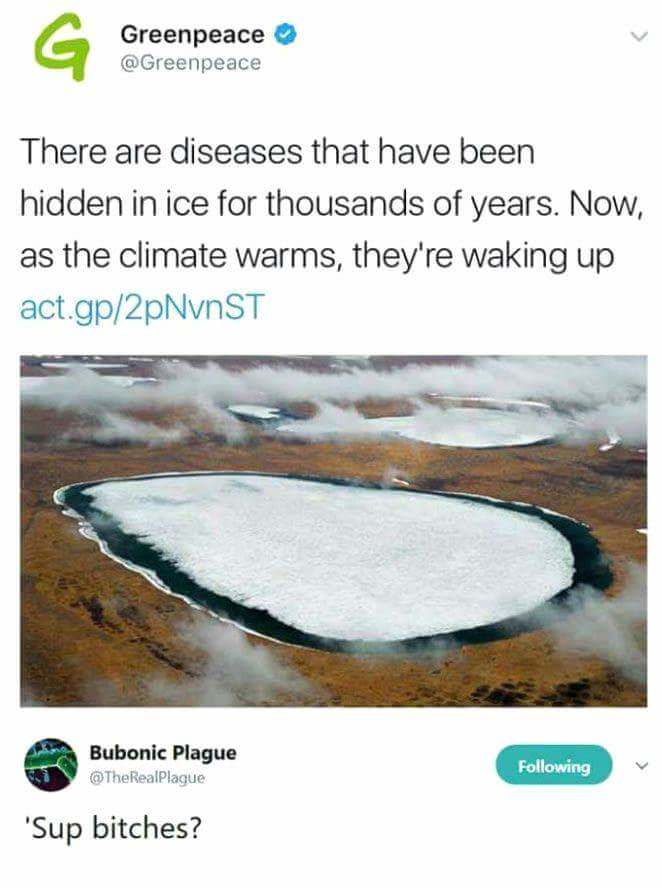 bubonic ice - Greenpeace There are diseases that have been hidden in ice for thousands of years. Now, as the climate warms, they're waking up act.gp2pNvnST Bubonic Plague ing 'Sup bitches?