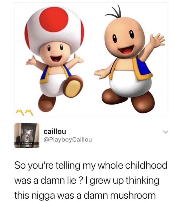 toad mario - caillou Caillou So you're telling my whole childhood was a damn lie? I grew up thinking this nigga was a damn mushroom