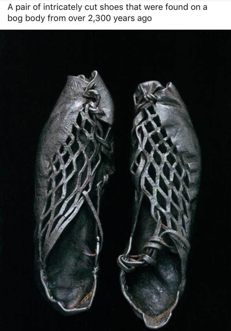 bog shoes - A pair of intricately cut shoes that were found on a bog body from over 2,300 years ago