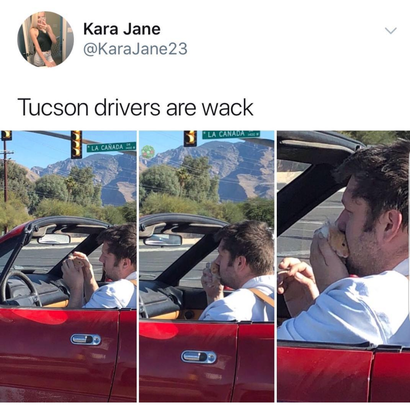 guy in car with hamster - Kara Jane Tucson drivers are wack La Cara