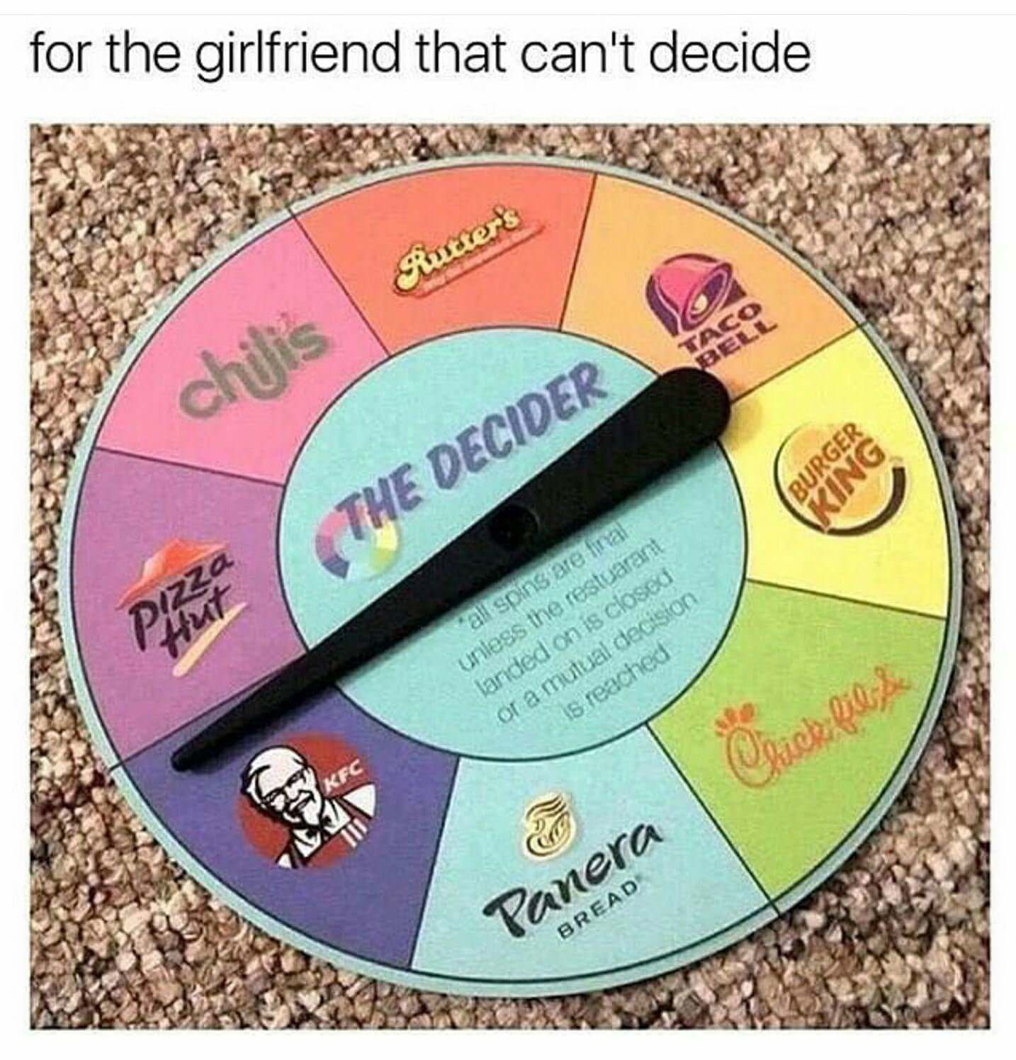 your girl can t decide - for the girlfriend that can't decide Rutters chilis Burger Ing The Decider al spins are linal unless the restorant landed on is closed or a mutual decision is reached Chick fille Panera Bread