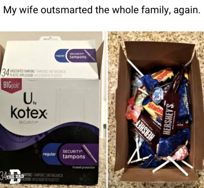 memes - hide candy in tampon box - My wife outsmarted the whole family, again. regular Security tampons 34 Unscented Tampons Dess A 34 Rustic Applicatorul De Plastico BIGPok! U. | Kotex Hershey'S Security Xhsh regular Security tampons trusted protection 3