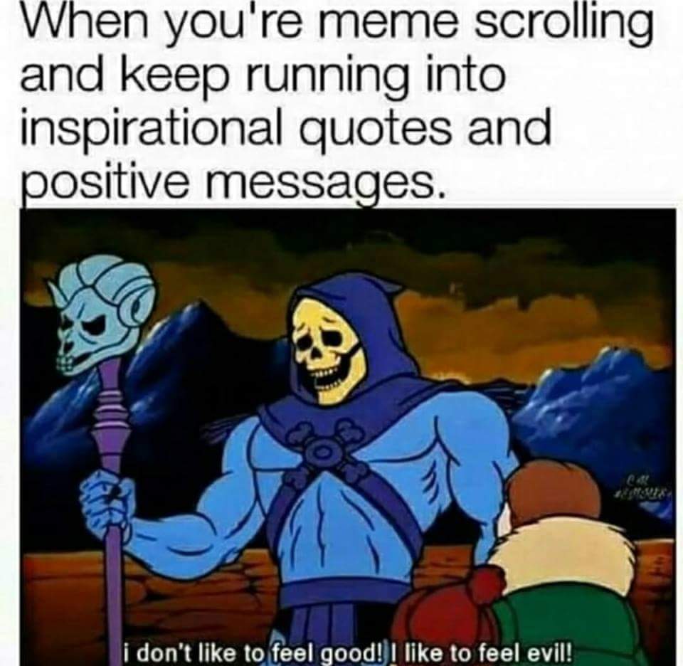 skeletor meme - When you're meme scrolling and keep running into inspirational quotes and positive messages. i don't to feel good!! to feel evil!