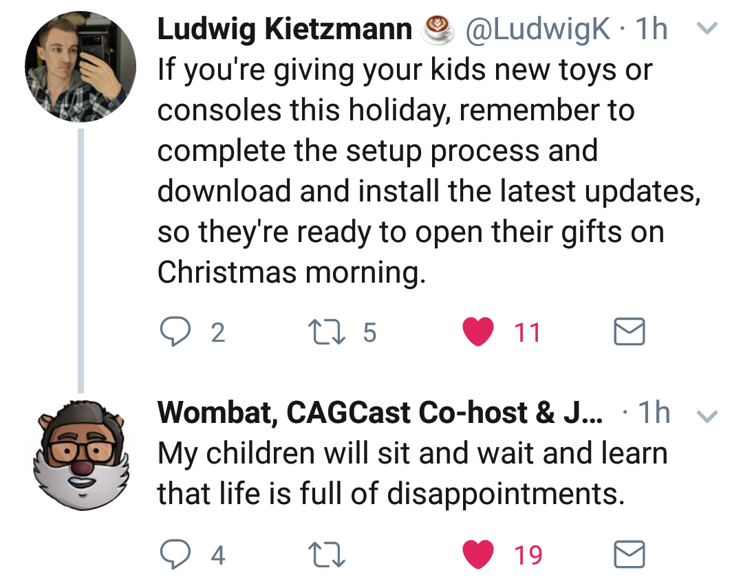 human behavior - Ludwig Kietzmann 1h v If you're giving your kids new toys or consoles this holiday, remember to complete the setup process and download and install the latest updates, so they're ready to open their gifts on Christmas morning. 9 2 12 5 11