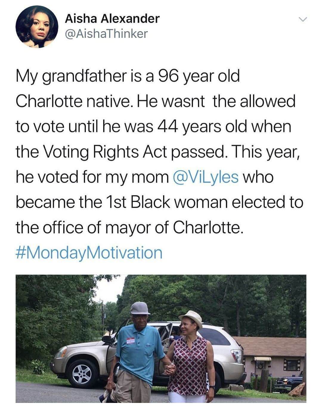 grass - Aisha Alexander My grandfather is a 96 year old Charlotte native. He wasnt the allowed to vote until he was 44 years old when the Voting Rights Act passed. This year, he voted for my mom who became the 1st Black woman elected to the office of mayo