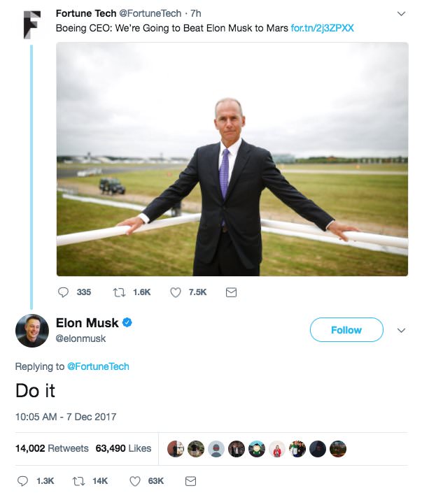 elon musk boeing tweet - Fortune Tech Tech. 7h Boeing Ceo We're Going to Beat Elon Musk to Mars for.tn2J3ZPXX 335 12 ~ 9 Elon Musk Tech Do it 14,002 63,490 6.00. 63K