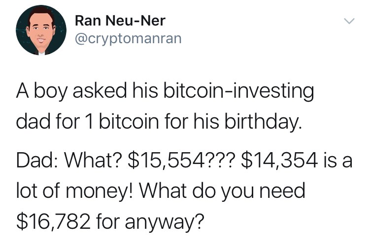 ain t the sharpest tool - Ran NeuNer Ran Neune A boy asked his bitcoininvesting dad for 1 bitcoin for his birthday. Dad What? $15,554??? $14,354 is a lot of money! What do you need $16,782 for anyway?