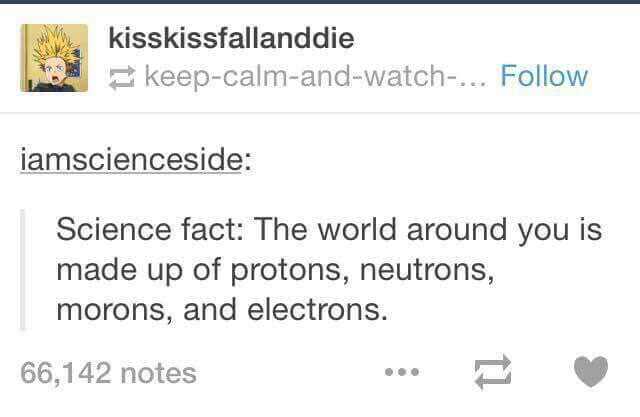 Internet meme - kisskissfallanddie keepcalmandwatch... iamscienceside Science fact The world around you is made up of protons, neutrons, morons, and electrons. 66,142 notes