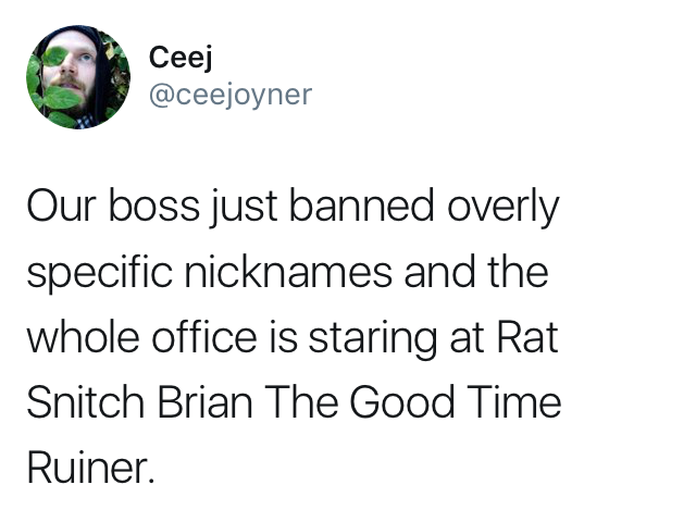 point - Ceej Our boss just banned overly specific nicknames and the whole office is staring at Rat Snitch Brian The Good Time Ruiner.