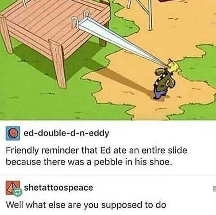 modern problems require modern solutions - eddoubledneddy Friendly reminder that Ed ate an entire slide because there was a pebble in his shoe. A shetattoospeace Well what else are you supposed to do