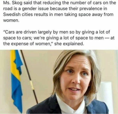 swedish political memes - Ms. Skog said that reducing the number of cars on the road is a gender issue because their prevalence in Swedish cities results in men taking space away from women. "Cars are driven largely by men so by giving a lot of space to c