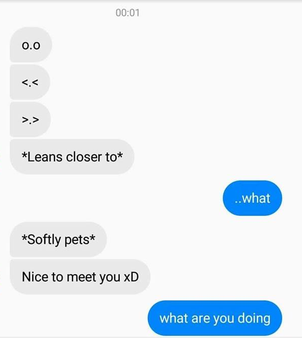 cringy text messages - 0.0 Leans closer to ..what Softly pets Nice to meet you xD what are you doing