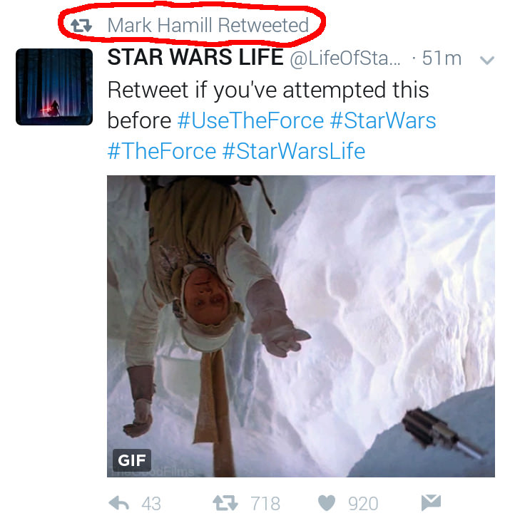 like what it felt like - 27 Mark Hamill Retweeted Star Wars Life ... 51mv Retweet if you've attempted this before TheForce Gif 43 47 718 920