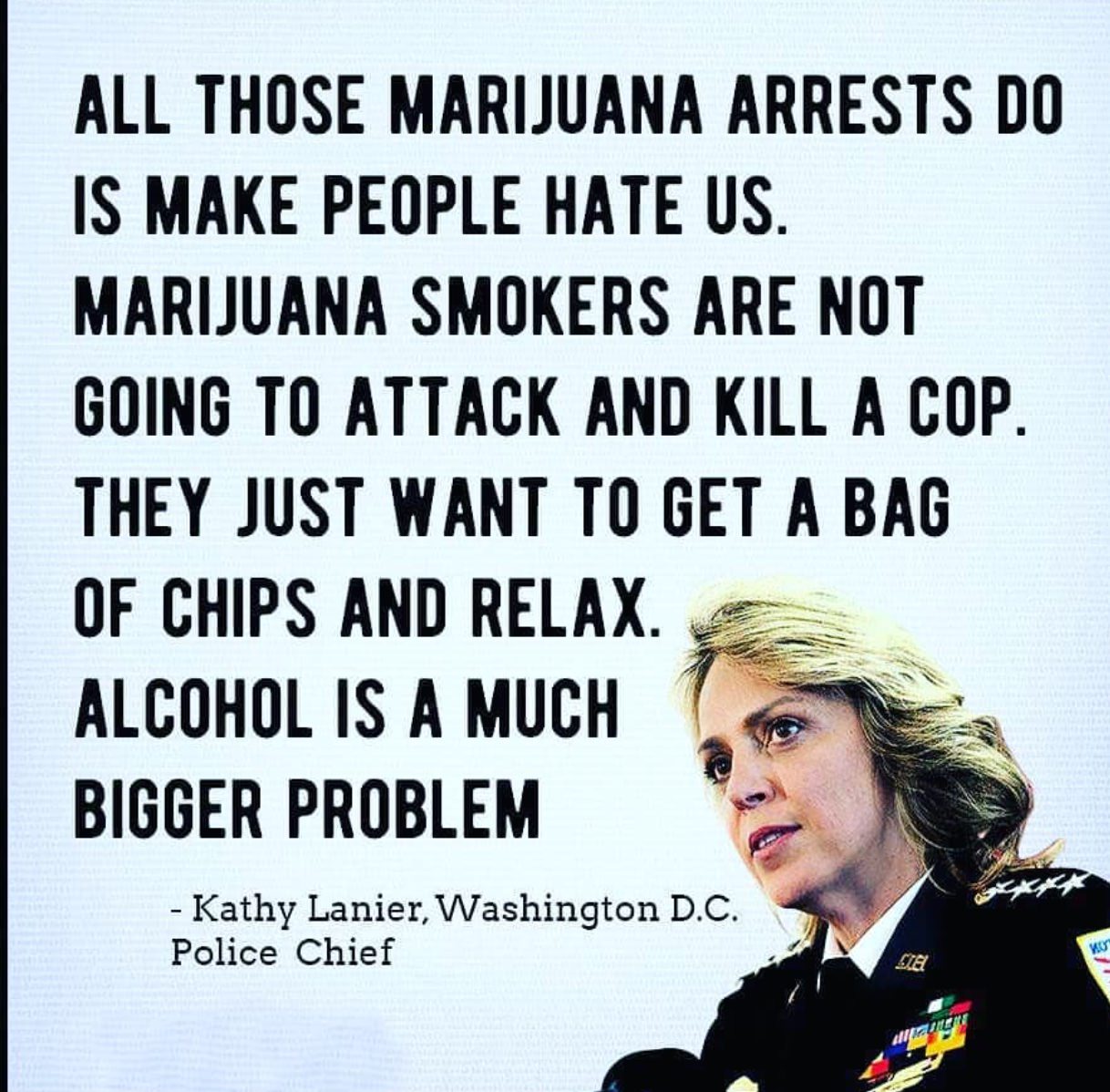 human behavior - All Those Marijuana Arrests Do Is Make People Hate Us. Marijuana Smokers Are Not Going To Attack And Kill A Cop. They Just Want To Get A Bag Of Chips And Relax. Alcohol Is A Much Bigger Problem Kathy Lanier, Washington D.C. Police Chief S