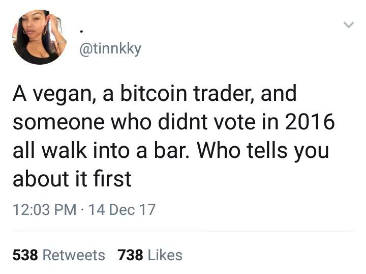 funny quotes marriage twitter - A vegan, a bitcoin trader, and someone who didnt vote in 2016 all walk into a bar. Who tells you about it first 14 Dec 17 538 738