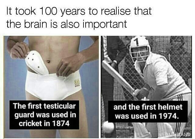testicular guard - It took 100 years to realise that the brain is also important The first testicular guard was used in cricket in 1874 and the first helmet was used in 1974.