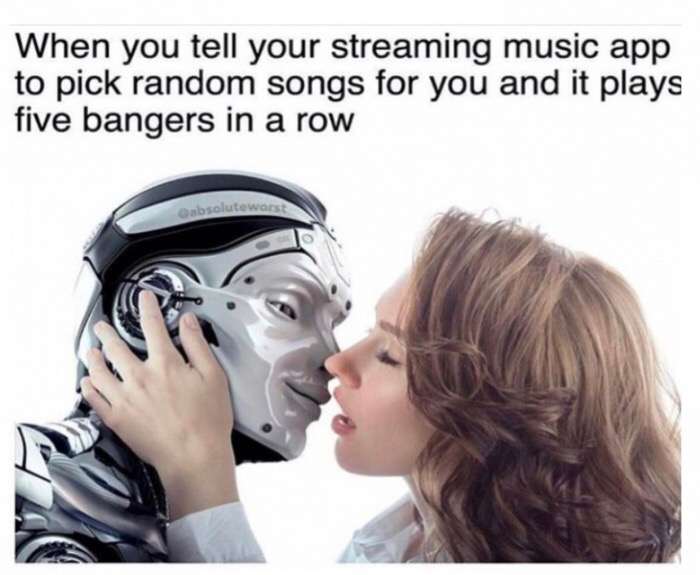 sex robots - When you tell your streaming music app to pick random songs for you and it plays five bangers in a row Gabsolute worst