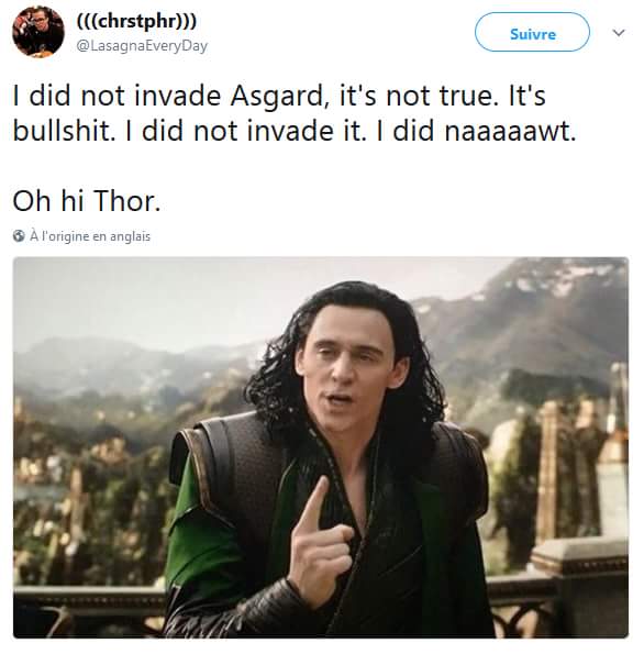 loki tommy wiseau meme - chrstphr Suivre I did not invade Asgard, it's not true. It's bullshit. I did not invade it. I did naaaaawt. Oh hi Thor. A l'origine en anglais