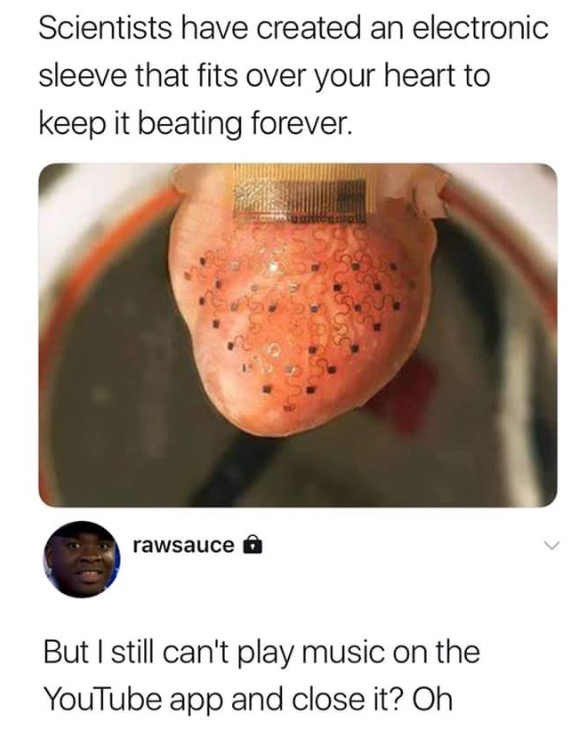 youtube music meme - Scientists have created an electronic sleeve that fits over your heart to keep it beating forever. rawsauce o But I still can't play music on the YouTube app and close it? Oh