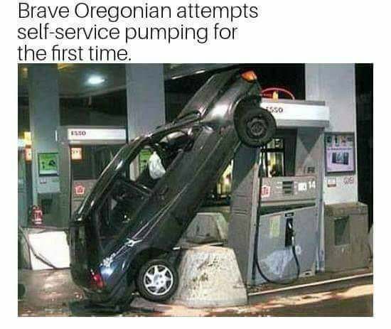 gas station - Brave Oregonian attempts selfservice pumping for the first time.