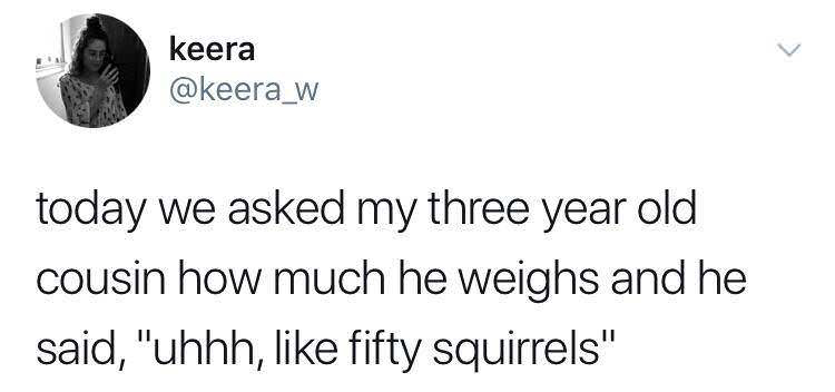 mood memes - keera today we asked my three year old cousin how much he weighs and he said, "uhhh, fifty squirrels"