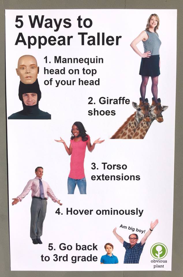 5 ways to appear taller - 5 Ways to Appear Taller 1. Mannequin head on top of your head 2. Giraffe shoes 3. Torso extensions 4. Hover ominously Am big boy! 5. Go back to 3rd grade obvious plant