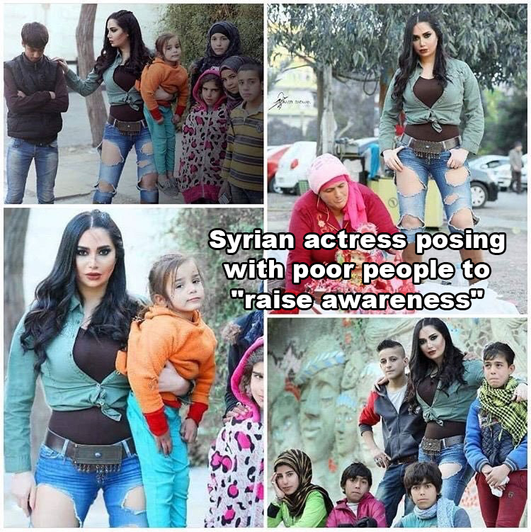 Syrian actress posing with poor people to "raise awareness