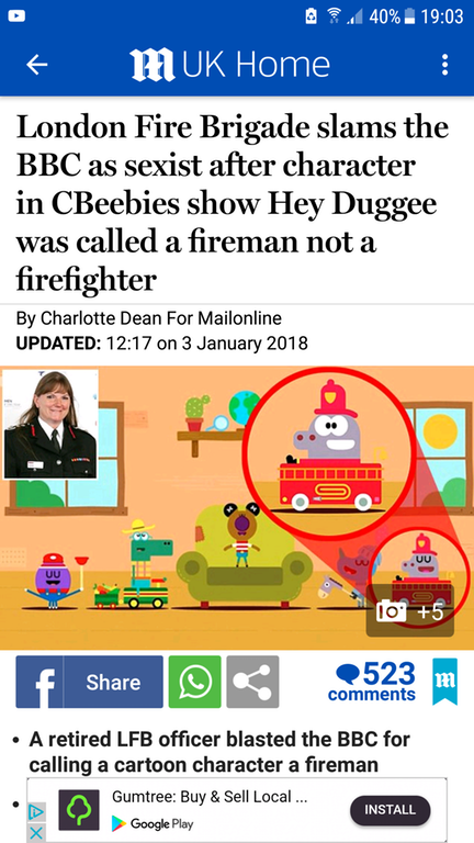 Screenshot - @ 40% Muk Home London Fire Brigade slams the Bbc as sexist after character in CBeebies show Hey Duggee was called a fireman not a firefighter By Charlotte Dean For Mailonline Updated on Iiiiii 10 5 f Ok 523 A retired Lfb officer blasted the B