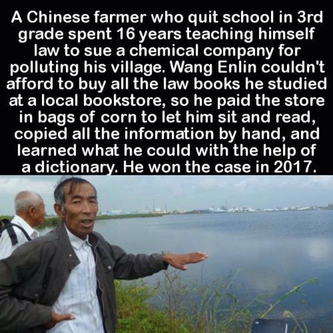 photo caption - A Chinese farmer who quit school in 3rd grade spent 16 years teaching himself law to sue a chemical company for polluting his village. Wang Enlin couldn't afford to buy all the law books he studied at a local bookstore, so he paid the stor