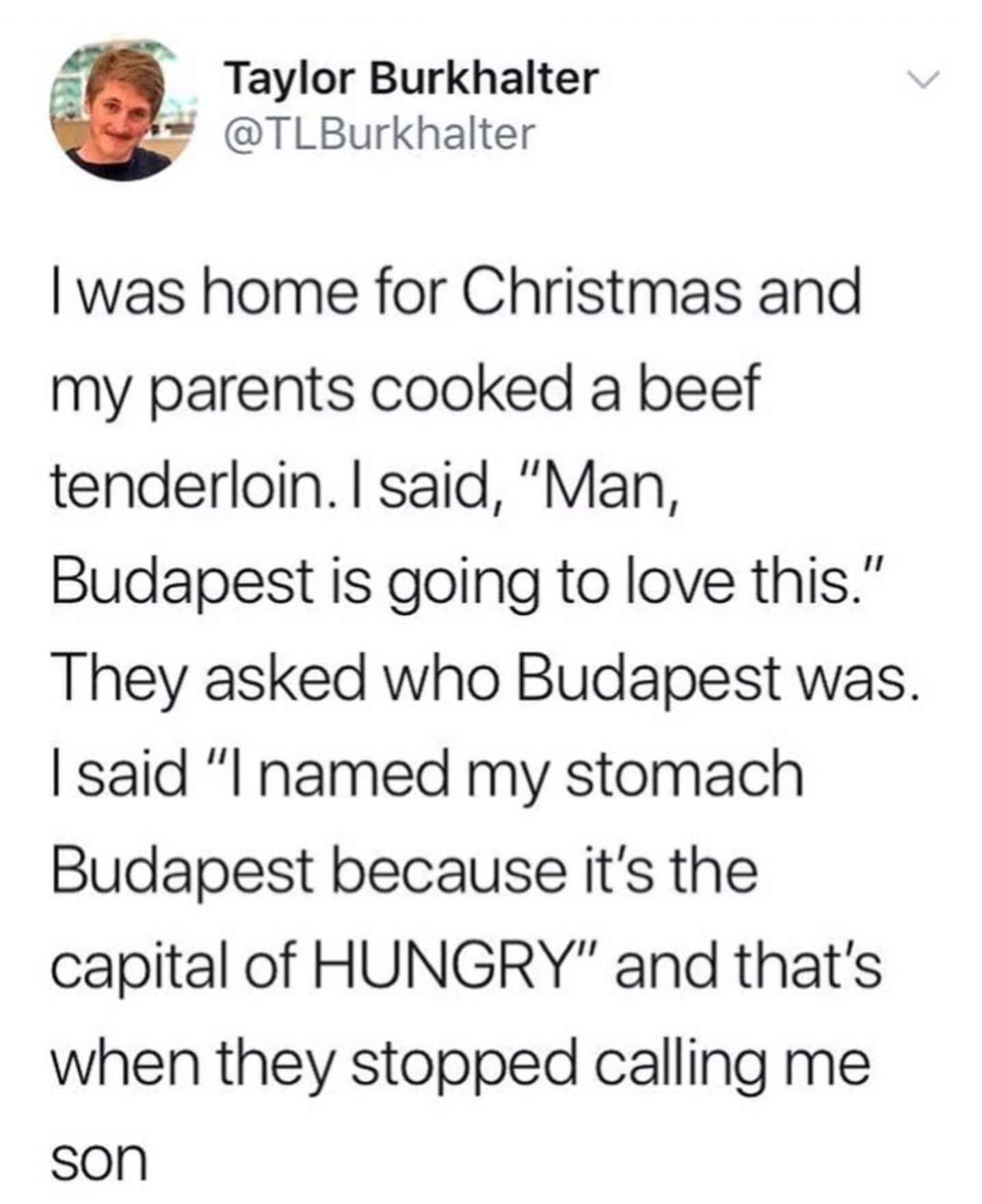 hungary pun - Taylor Burkhalter I was home for Christmas and my parents cooked a beef tenderloin. I said, "Man, Budapest is going to love this." They asked who Budapest was. I said "I named my stomach Budapest because it's the capital of Hungry" and that'