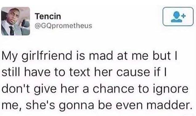 true quotes - Tencin My girlfriend is mad at me but | still have to text her cause if || don't give her a chance to ignore me, she's gonna be even madder.